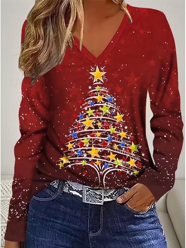 Christmas Women's T Shirt Graphic Vintage Stylish Classic Long Sleeve V Neck Regular Tops Daily Print Gray / Red Black+White+Red Black Wine Red Spring Fall Winter - Wine