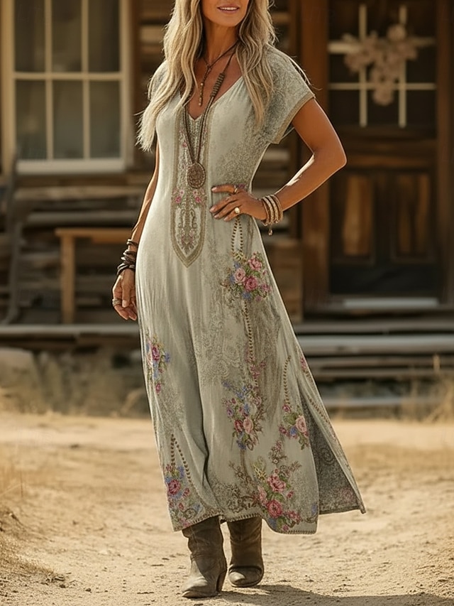 Women's Maxi long Dress Boho Dress Casual Dress A Line Dress Print Dress Vintage Outdoor Vacation Weekend Regular Fit Floral Graphic Short Sleeve V Neck Blue Dark Green Light Purple Green Summer - Green