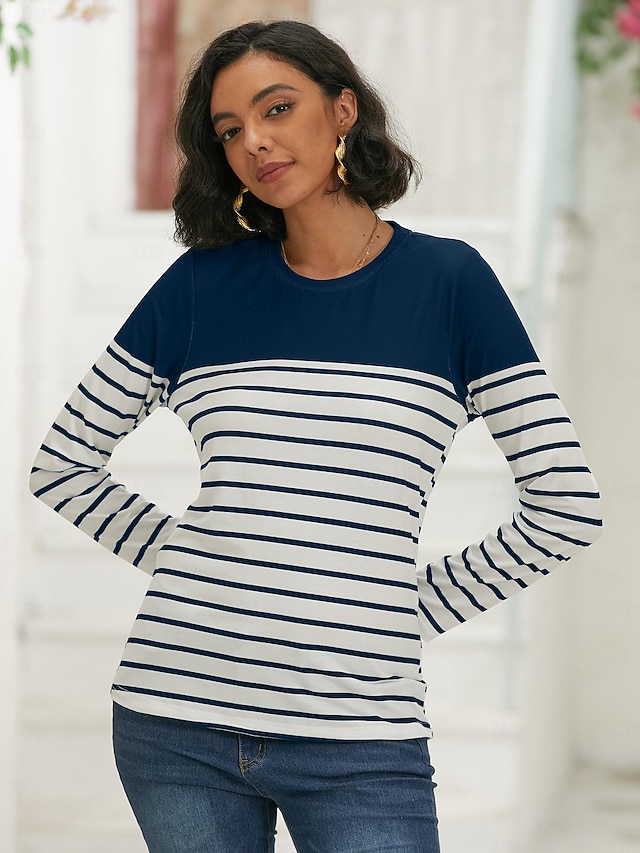 Women's T shirt Long Sleeve Crew Neck Long Sleeve Tunic Striped Basic Round Neck Regular Tops Daily Weekend Print Black White Red Blue Gray Fall & Winter Prefall - Blue