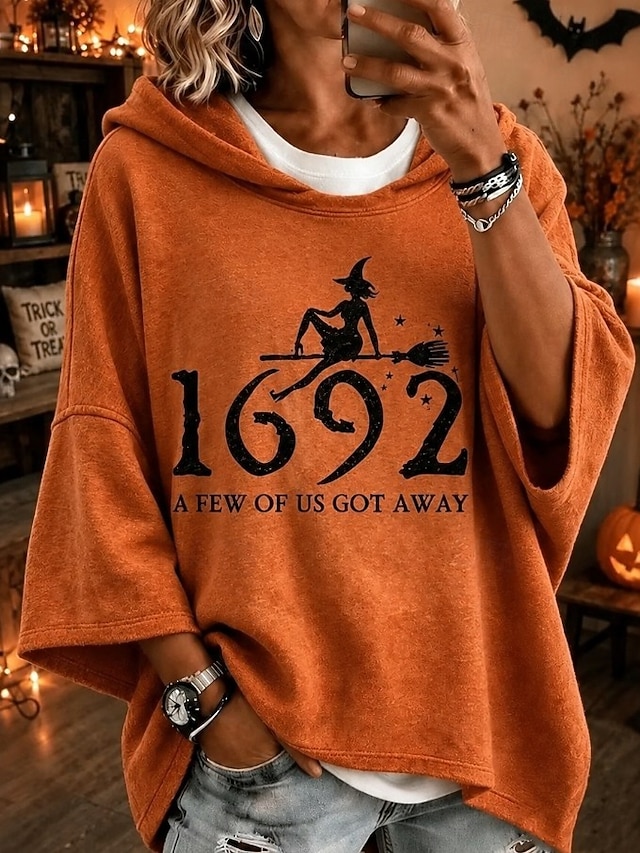 Halloween Women's Pullover Hoodie Sweatshirt Print Graphic Casual 3/4 Length Sleeve Hooded Long Tops Casual Street Dailywear Blue Black Pink Orange Grey Fall Winter - Orange