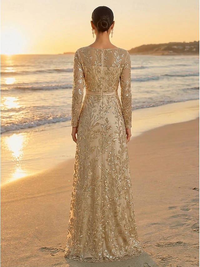 A-Line Dress Floor Length Party Dress Cocktail Dress Mother of the Bride Dress Long Sleeve Bateau Neck Elegant Vintage Luxurious Formal Wedding Guest Formal Evening Satin Tulle with Sequin Flower - Champagne