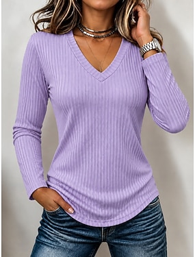 Women's T Shirt Solid Color Bohemia Vintage Stylish Long Sleeve V Neck Regular Tops Casual Daily Weekend Black Pink Purple Gray Spring Fall - Purple