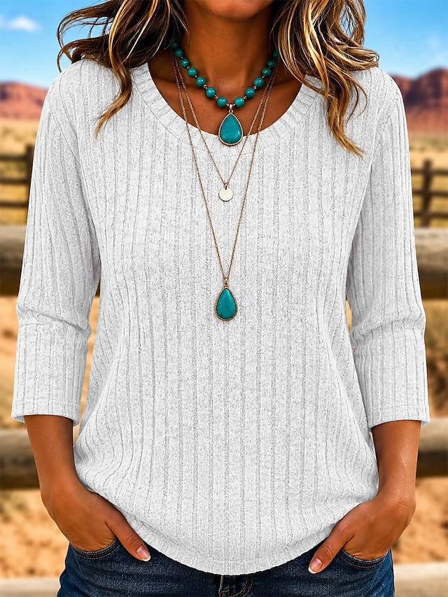 Women's T Shirt Texture Knit Solid Color Vintage Stylish Casual 3/4 Length Sleeve Crew Neck Regular Tops Casual White Sage Green Black Red Gray Summer Spring Fall - White