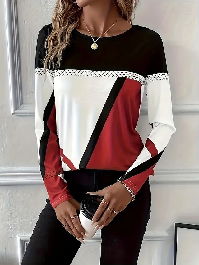 Easter Women's T shirt Long Sleeve Crew Neck Long Sleeve Tunic Graphic Plaid Vintage Stylish Classic Round Neck Regular Tops Daily Print Black Red Blue Purple Brown Fall Prefall - Red