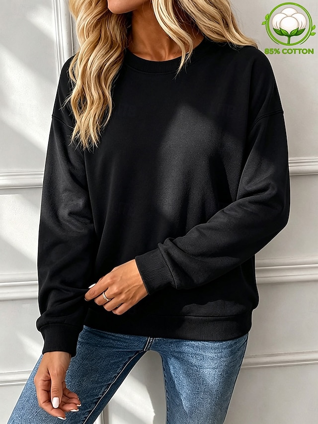 Women's Pullover Sweatshirt Cotton Elegant Warm Long Sleeve Crew Neck Regular Tops Blue White Black Yellow Pink Spring Fall Winter - Black