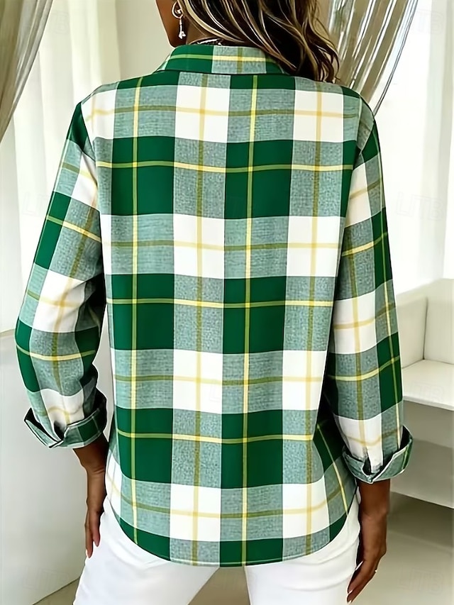 Women's Shirt Buttons Print Graphic Plaid Vintage Stylish Modern Long Sleeve Shirt Collar Crop Tops Casual Daily Pink Sky Blue Dark Green Green Spring Fall - Green