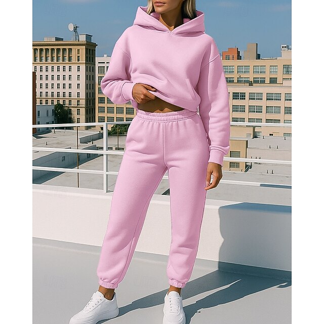 Women's 2 Piece Tracksuit Lounge Hoodie Sweatsuit Sets Solid Colored Clothing Suit Fall Black White Workout Outdoor Travel High Waist Lightweight Fashion Long Sleeve Sport Activewear Micro-elastic - Pink