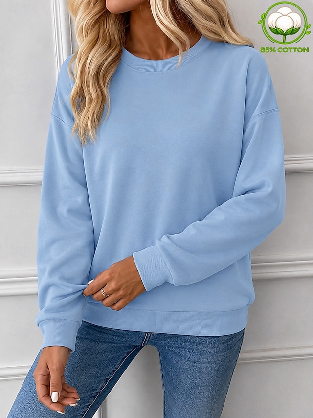 Women's Pullover Sweatshirt Cotton Elegant Warm Long Sleeve Crew Neck Regular Tops Blue White Black Yellow Pink Spring Fall Winter - Blue
