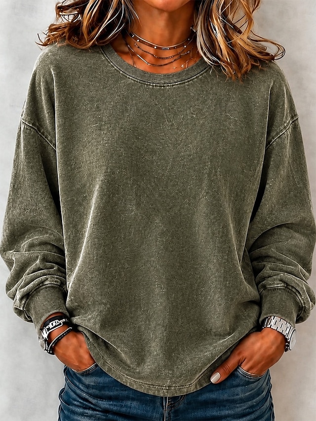 Women's Washed Cotton 100% Cotton Pullover Sweatshirts Punk Active Vintage Long Sleeve Crew Neck Regular Tops Casual Home Street Black Light Brown Green Rose Red Grey Fall Winter - Green