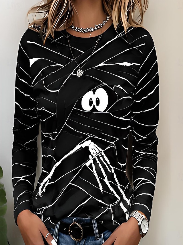 Halloween Women's T Shirt Print Graphic Geometric Witch Vintage Fashion Stylish Long Sleeve Crew Neck Round Neck Long Tops Casual Daily White Black Pink Orange Summer Spring Fall Winter - Black