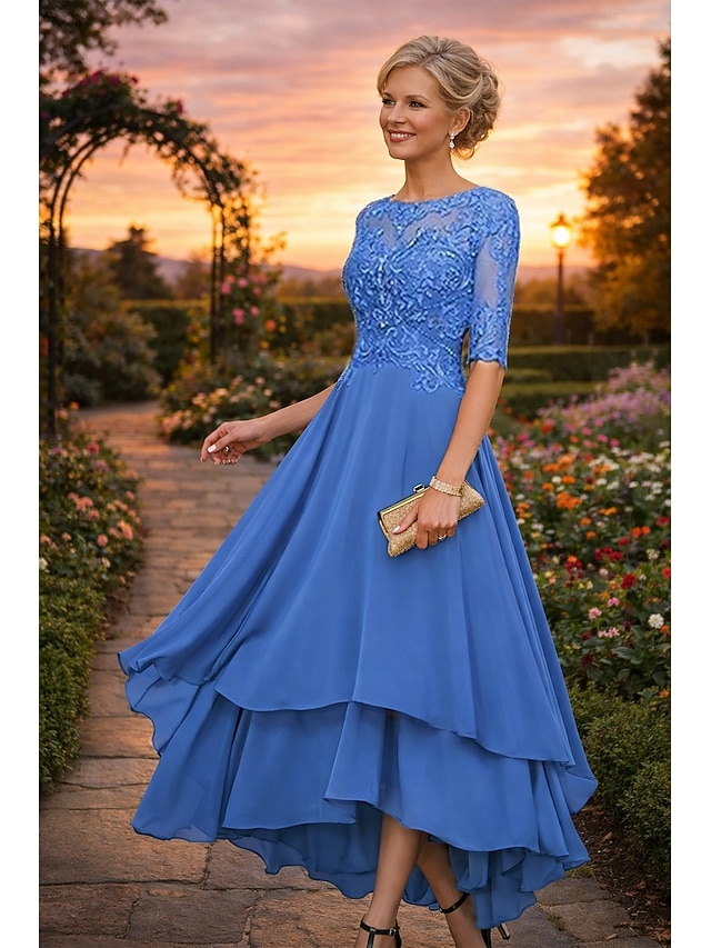 A-Line Asymmetrical Party Dress Cocktail Dress Wedding Guest Dress Mother of the Bride Dress Half Sleeve Crew Neck Elegant Simple Formal Wedding Guest Formal Evening with Lace Solid Color - Ocean Blue