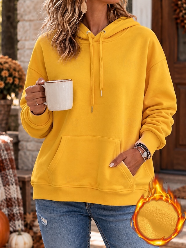 Women's Fleece Pullover Hoodie Sweatshirt Pullover Cotton Drawstring Elegant Ethnic Romantic Long Sleeve Round Neck Hooded Regular Tops Casual Holiday Blue White Black Yellow Pink Spring Fall Winter - Yellow
