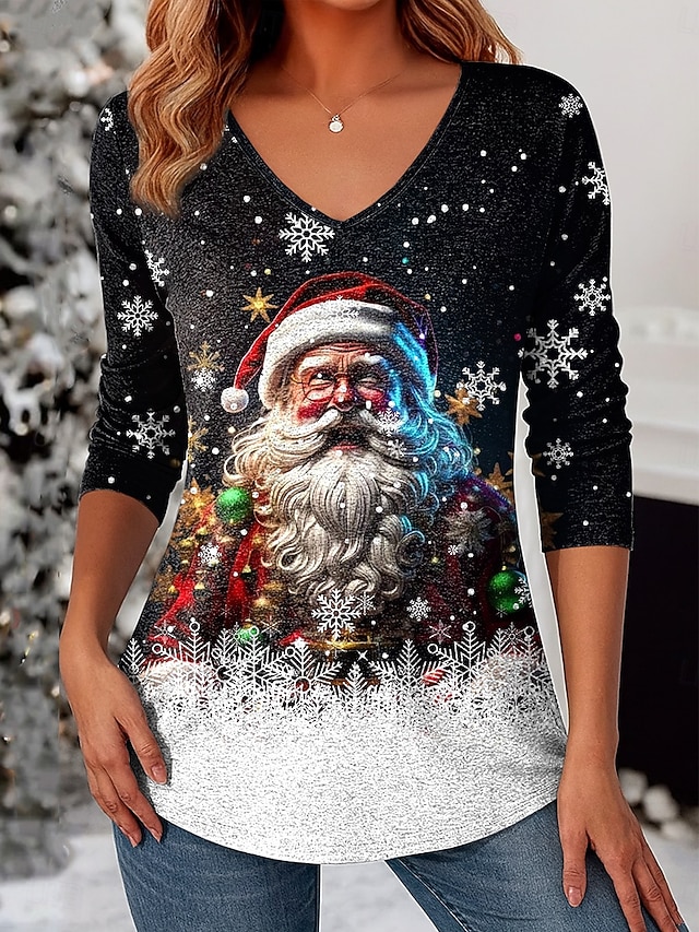 Christmas Women's T Shirt Graphic Vintage Stylish Classic Long Sleeve V Neck Regular Tops Daily Print White / Black Black+White+Red Black Wine Red Spring Fall Winter - White / Black