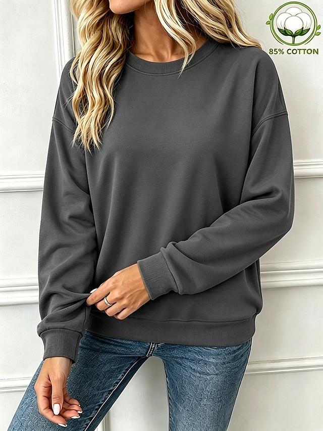 Women's Pullover Sweatshirt Cotton Elegant Warm Long Sleeve Crew Neck Regular Tops Blue White Black Yellow Pink Spring Fall Winter - Gray