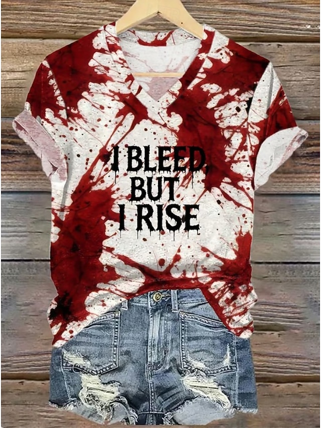 Halloween Women's Bloody Problem Solved T Shirt Bloodstain Graphic Letter Vintage Stylish Classic Short Sleeve V Neck Regular Tops Daily Print Gray/Red White Wine Red Red White Spring - Red