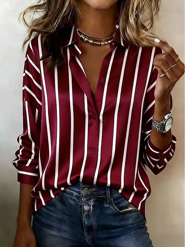 Women's Satin Shirt Satin Top Graphic Geometric Vintage Stylish Modern Long Sleeve Shirt Collar Crop Tops Daily Holiday Blue Wine Khaki Summer Spring - Wine