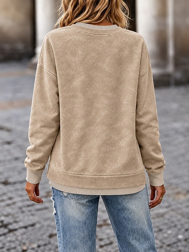 Women's Washed Cotton Pullover Sweatshirt Pullover Patchwork Casual Long Sleeve Crew Neck Long Tops Casual Blue khaki Summer Spring Fall - khaki