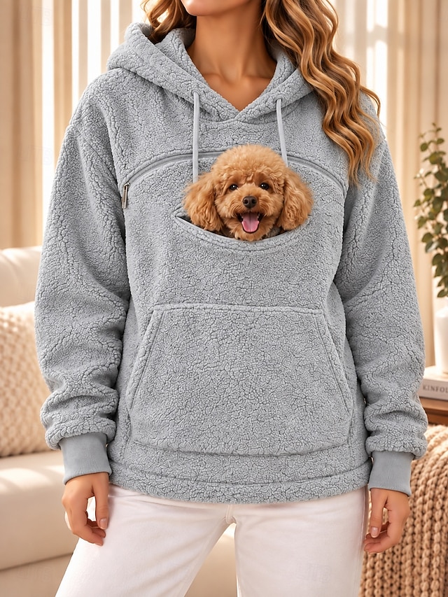 Women's Pet Carrier Hoodie Pet Pouch Hoodie Fleece Drawstring Zip Up Pocket Plain Casual Long Sleeve Hooded High Neck Regular Tops Blue White Ash Black Pink Fall Winter - Ash