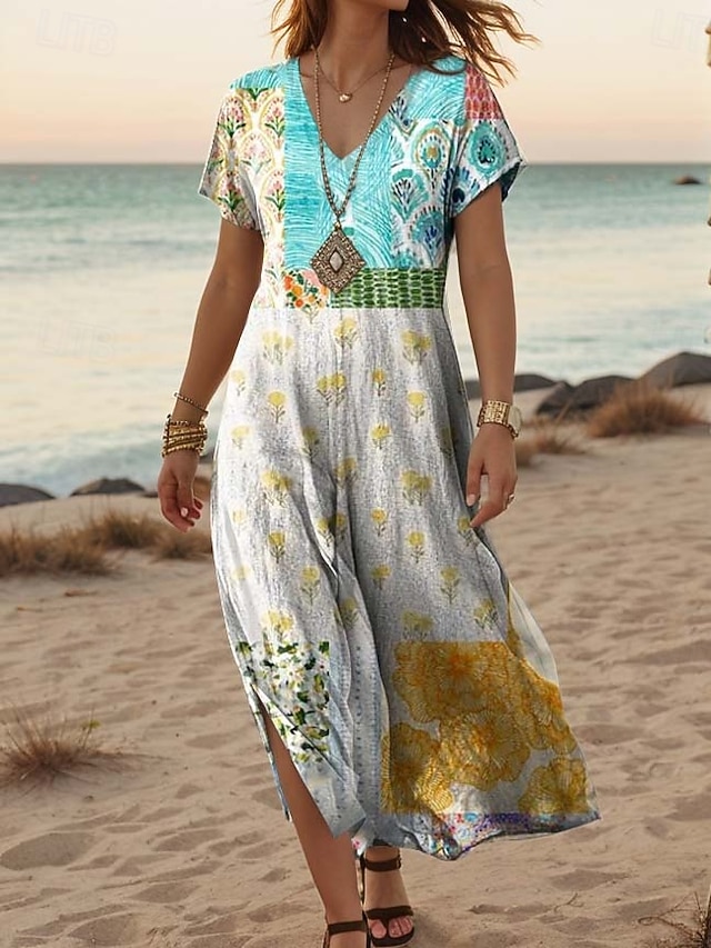 Women's Maxi Dress Casual Dress A Line Dress Stylish Casual Vacation Daily Regular Fit Floral Short Sleeve V Neck White Light Green Blue Green Summer Spring - White