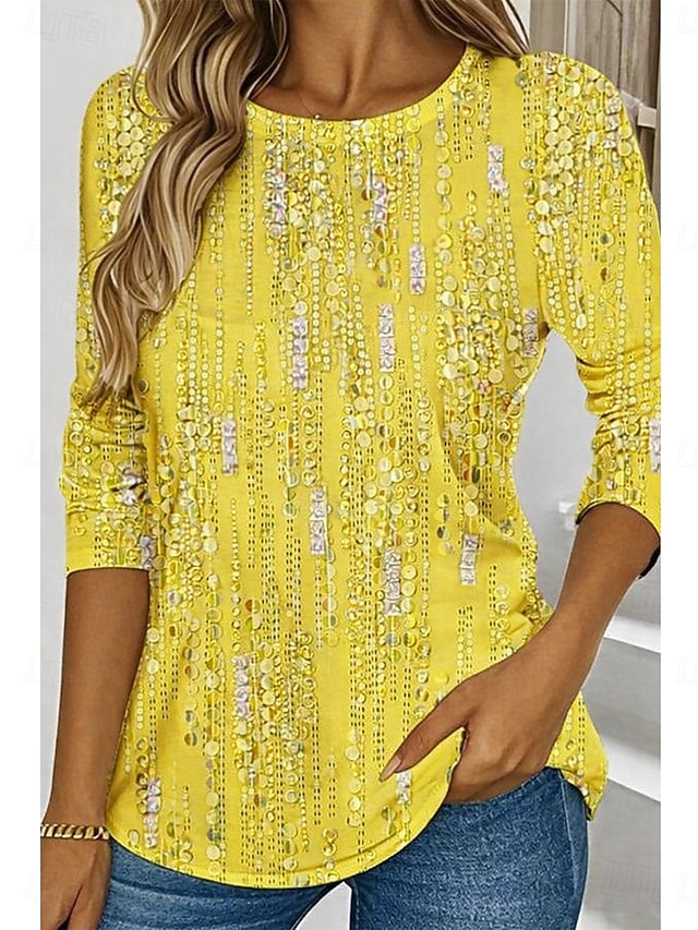 Women's T shirt Long Sleeve Crew Neck Long Sleeve Tunic Graphic Geometric Abstract Elegant Vintage Stylish Regular Tops Daily Print Pink Blue Purple Green Prefall - Yellow