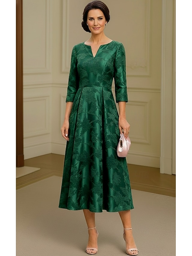 A-Line Dress Floor Length Tea Length Cocktail Dress Mother of the Bride Dress 3/4 Length Sleeve Crew Neck V Neck Elegant Simple Casual Formal Wedding Guest Semi Formal Satin Jacquard with Pleats - Green