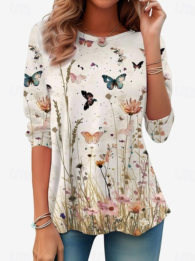 Women's T shirt Long Sleeve Crew Neck Long Sleeve Tunic Floral Casual Regular Tops Daily Print Sage Green Pink Blue Sky Blue Purple Spring Fall Prefall - Beige