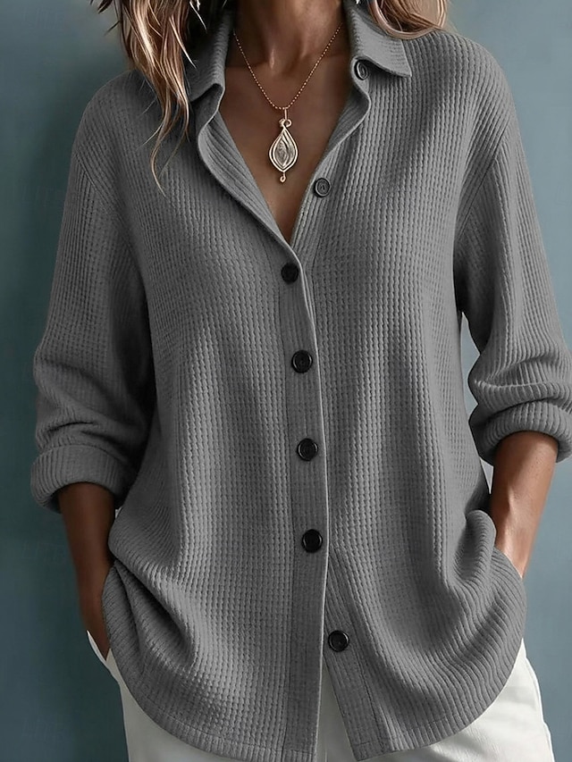 Women's Casual Vintage Waffle Knit Shirt Texture Buttons Long Sleeve Turndown Long Tops Black Yellow Burgundy Summer Fall - Gray