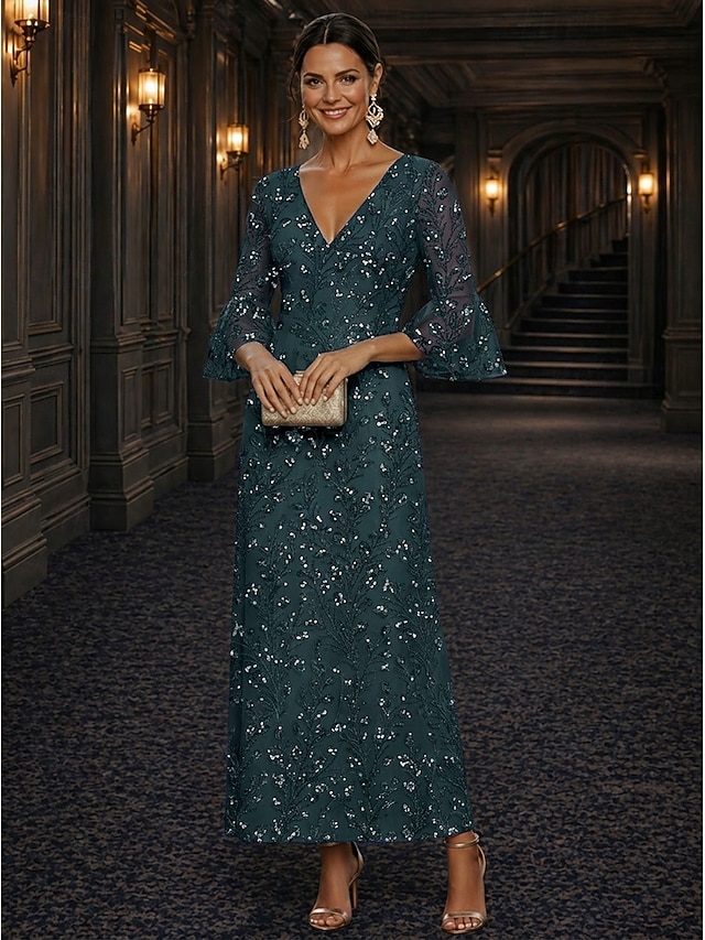 A-Line Dress Floor Length Ankle Length Cocktail Dress Mother of the Bride Dress Long Sleeve V Neck Elegant Luxurious Sparkle & Shine Formal Wedding Guest Semi Formal Lace with Beading Sequin - Emerald Green