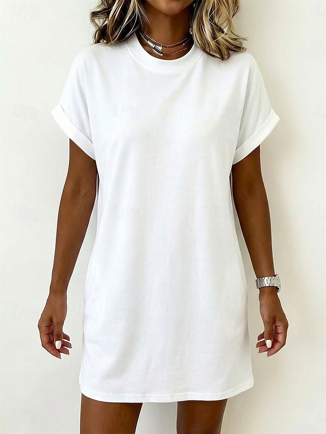 Women's Mini Dress T Shirt Dress Tee Dress Basic Classic Daily Weekend Loose Fit Plain Short Sleeve Crew Neck White Black Pink Army Green Summer Spring - White