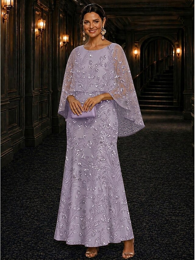 A-Line Dress Floor Length Ankle Length Cocktail Dress Mother of the Bride Dress Long Sleeve Scoop Neck Elegant Luxurious Sparkle & Shine Formal Wedding Guest Semi Formal Lace with Beading Sequin - Lavender