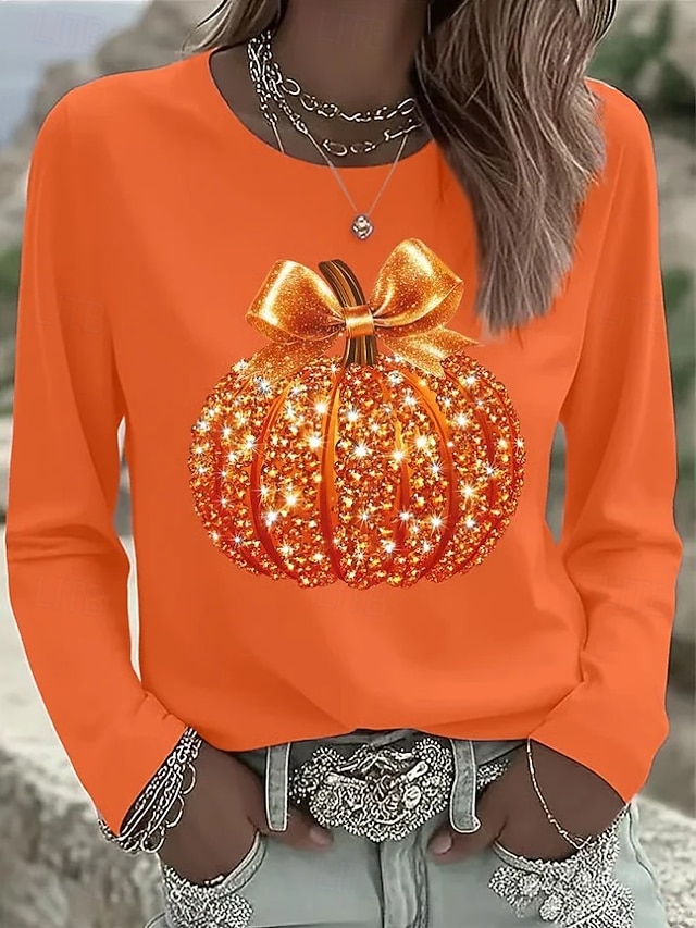 Halloween Women's T shirt Pumpkin Graphic Skull Vintage Fashion Stylish Long Sleeve Crew Neck Round Neck Regular Tops Daily Weekend Print Black White Pink Blue Purple Spring Fall Winter - Orange