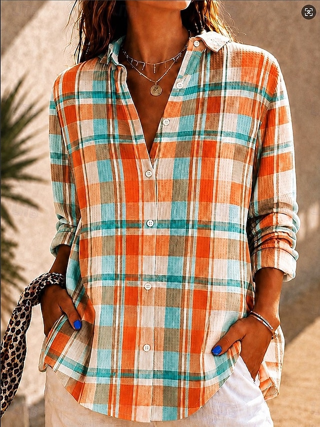 Women's Waffle Shirt Casual Shirt Summer Tops Graphic Geometric Vintage Stylish Long Sleeve Turndown Long Tops Daily Outdoor Streetwear White+Black Rainbow Spring Fall Winter - Orange