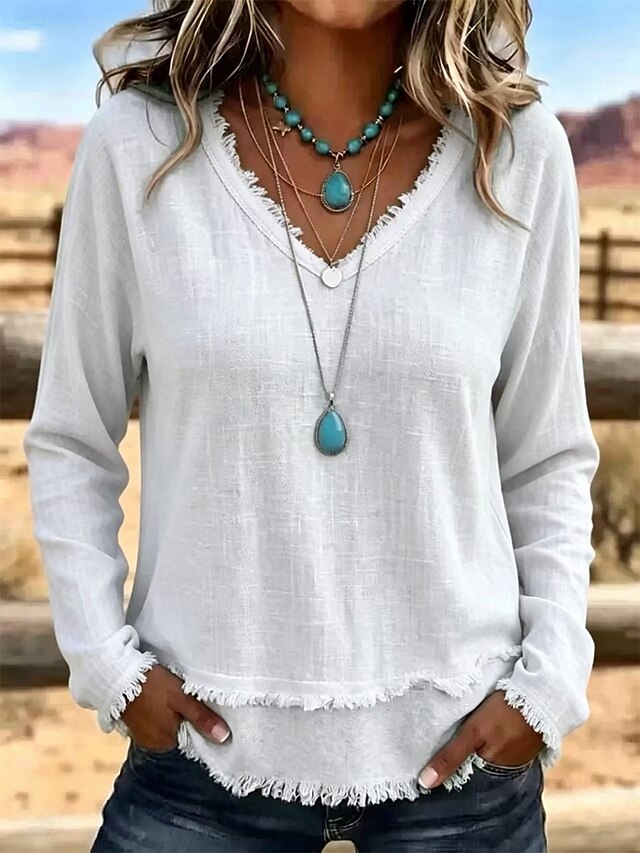 Women's T Shirt Fringe Daily Long Sleeve V Neck Regular Tops Casual Outdoor Streetwear Blue Yellow Light Green Pink Green Fall Winter - Blue
