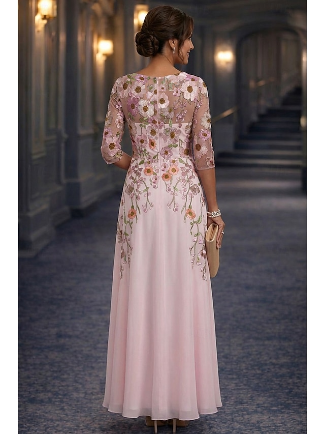 A-Line Floor Length Lace Dress Mother of the Bride Dress Long Sleeve Crew Neck Illusion Neck Elegant Vintage Formal Wedding Guest Wedding Party Chiffon Lace with Floral Print 3D Flowers Embroidery - Apricot
