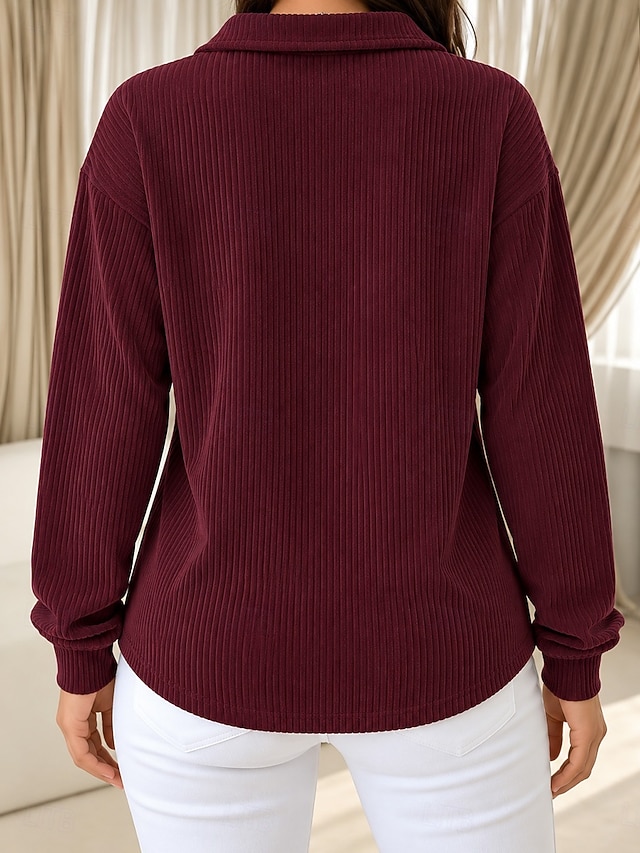 Women's Corduroy Tops Tunic Jacquard Texture Vacation Casual Long Sleeve Turndown Regular Tops Casual Daily Work Blue Red Green Spring Fall Winter - Red