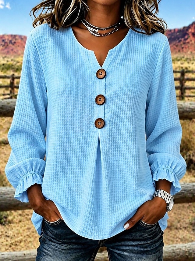 Women's Waffle Blouse Solid Color Vintage Stylish Basic Long Sleeve V Neck Regular Tops Casual Daily Blue Yellow Pink Apricot Summer Spring Fall - Blue