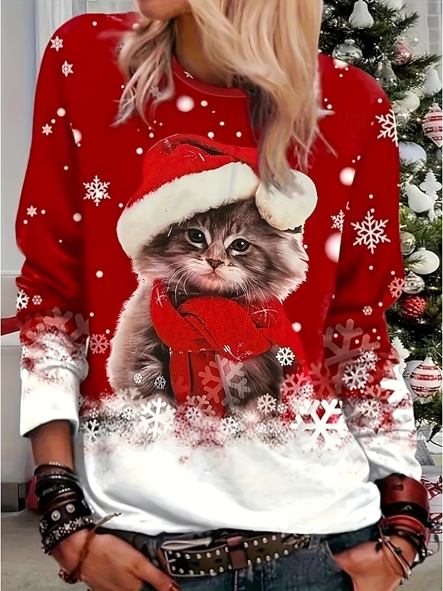 Christmas Women's T Shirt Print Graphic Santa Claus Vintage Fashion Stylish Long Sleeve Crew Neck Regular Tops Casual Daily Weekend Khaki Black Red Beige Spring Fall Winter - Red