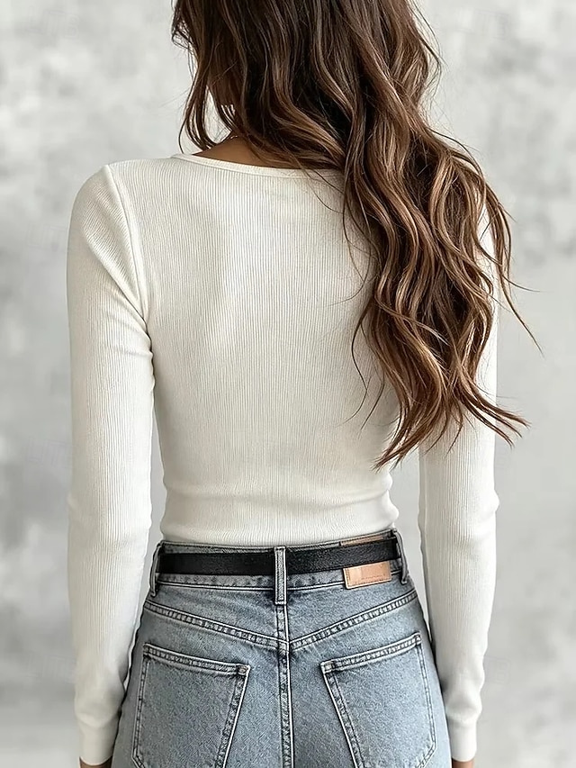 Women's T Shirt Waffle Knit Tops Solid Color Bohemia Vintage Stylish Long Sleeve Henley Regular Tops Casual Daily Weekend Blue White Khaki Black Green Summer Spring Fall Winter - White