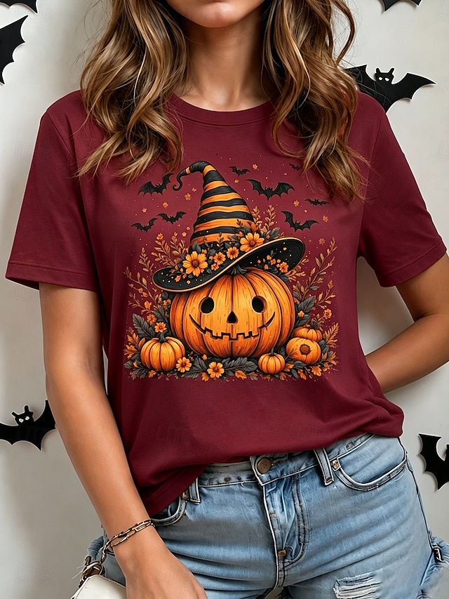 Halloween Women's T Shirt Print Graphic Pumpkin Vintage Stylish Classic Short Sleeve Crew Neck Regular Tops Casual Daily Weekend Black Wine Orange Green Fall Winter - Wine