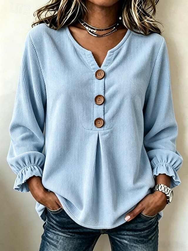Women's Corduroy Shirt Blouse Ruffle Blouse Solid Color Plain Casual Long Sleeve V Neck Regular Tops Casual claret off white Black Pink Sky Blue Spring Fall - Sky Blue