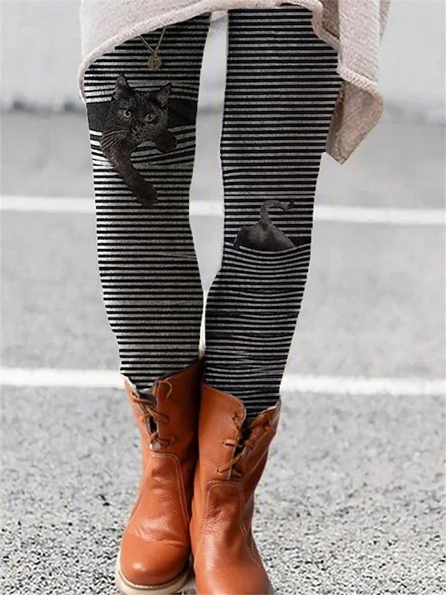 Women's Pants Trousers Leggings Cozy Leggings Streetwear Casual Full Length High Waist Striped Elastic Waist Print Breathability Comfortable Stretchy Vacation Street Daily Wear Black Grey Black 2 - Black 2#