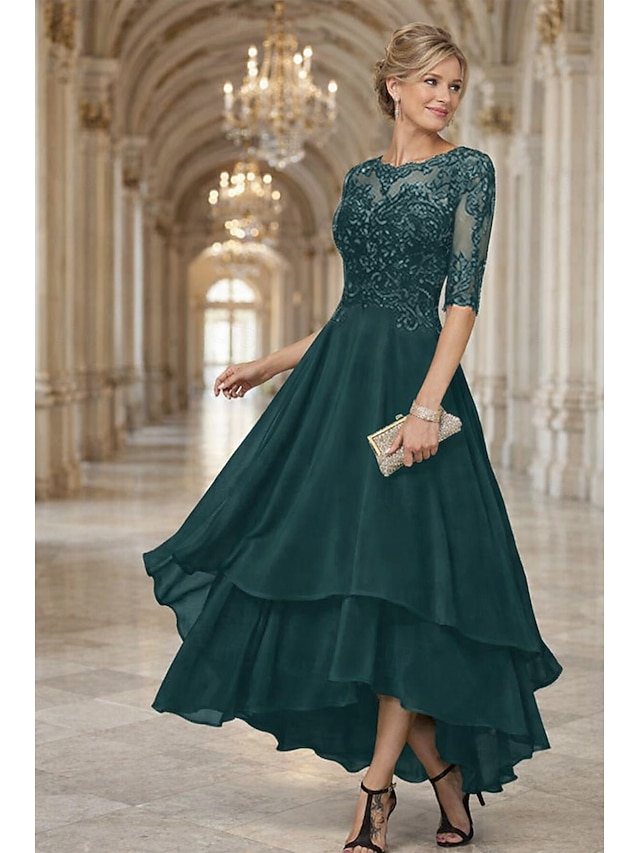 A-Line Asymmetrical Party Dress Cocktail Dress Wedding Guest Dress Mother of the Bride Dress Half Sleeve Crew Neck Elegant Simple Formal Wedding Guest Formal Evening with Lace Solid Color - Emerald Green