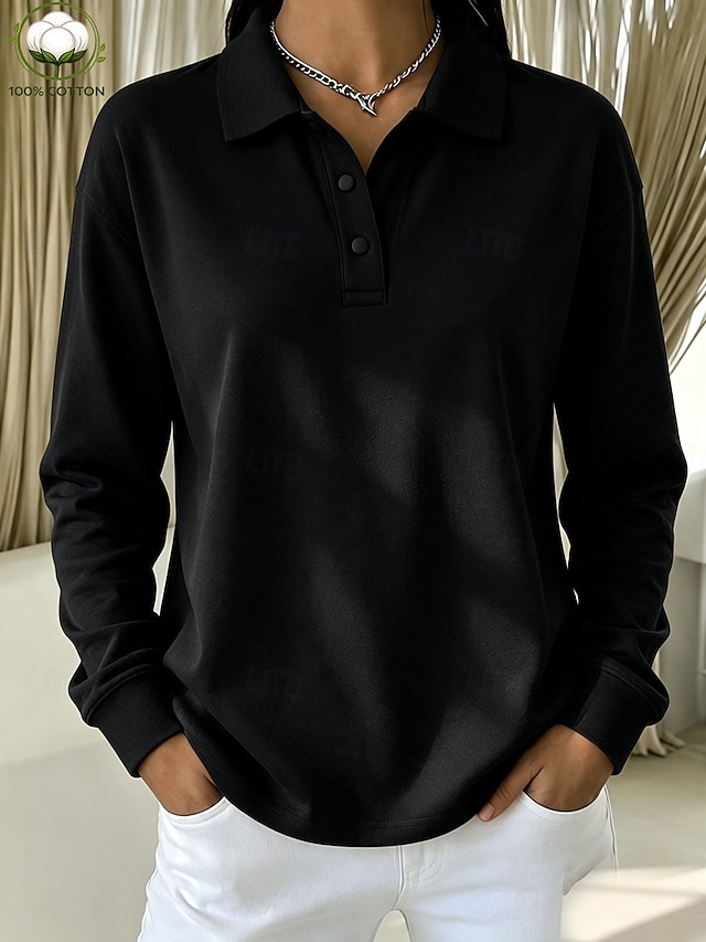 Women's 100% Cotton T Shirt Chest Buttons Plain Vintage Stylish Classic Long Sleeve Shirt Collar Polo Collar Long Tops Casual Daily Blue White Black Pink Red Spring Fall Winter - Black