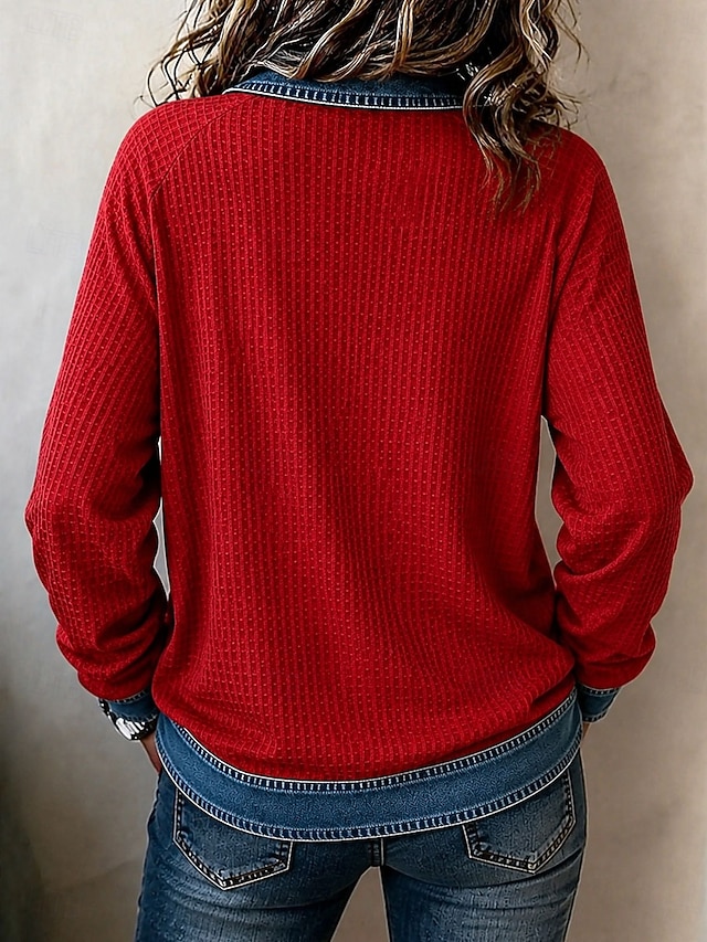 Women's Blouse Long Sleeve Tops Patchwork Buttons Stylish Classic Modern Long Sleeve Shirt Collar Regular Tops Casual Daily Holiday Black Red Green Spring Fall - Red