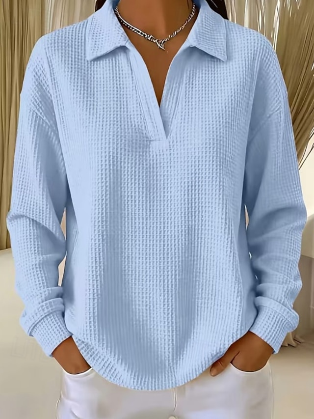 Women's Waffle Shirt Tunic Casual Shirt Texture Vacation Casual Casual Daily Work Blue Grass Green Yellow Red Violet Fall Winter - Light Blue