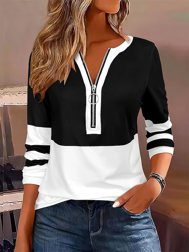 Women's T shirt Long Sleeve Graphic Color Block Striped Elegant Vintage Stylish Long Sleeve V Neck Regular Tops Daily Weekend Zipper Print Black Red Royal Blue Spring Fall Prefall - Black