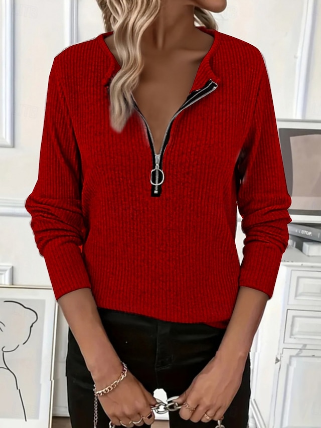 Women's Blouse Texture Quarter Zip Vintage Long Sleeve Crew Neck Casual claret Deep Pink Black Navy Blue Light Grey Fall - claret