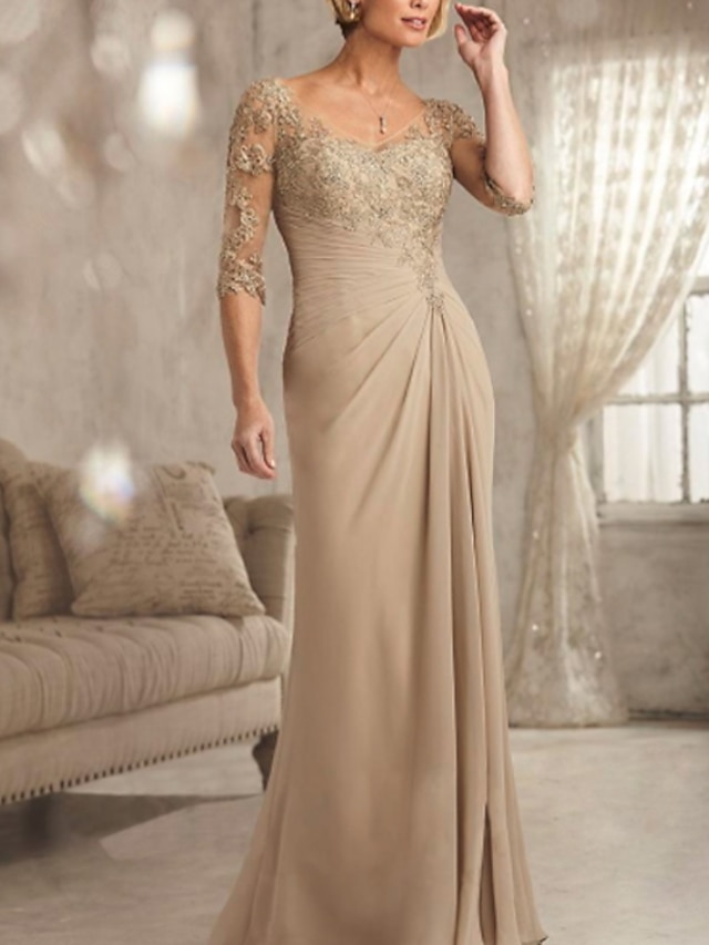 Sheath Column Floor Length Wedding Guest Dress Formal Dresses Evening Gown Mother of the Bride Dress Half Sleeve V Neck Plus Size Sexy See Through Wedding Guest Chiffon Lace with Lace - Champagne