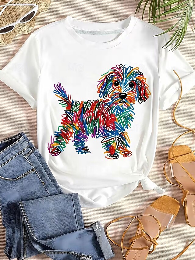 Women's T Shirt Print Graphic Animal Dog Stylish Classic Casual Short Sleeve Crew Neck Regular Tops Casual Daily Blue Yellow Rainbow Summer Spring - Blue
