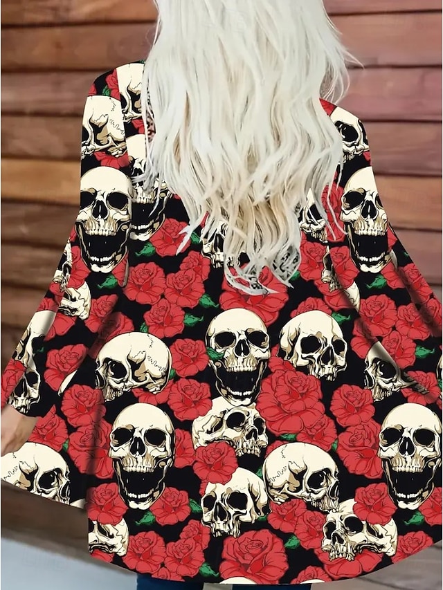 Halloween Women's Giant Skull 3D Bone Cage Print Kimono Cardigan Lightweight Collarless Open Front 3/4 Sleeve Long Cover Up White Gray - Red